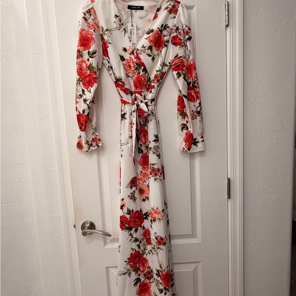 Sugarlips Red and White Floral Long Sleeve Dress